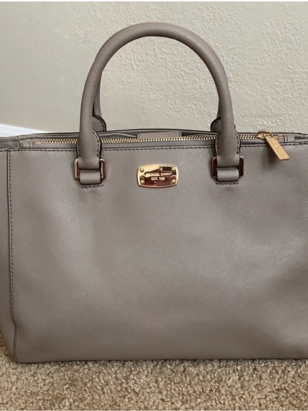 Michael Kors Taupe Gray Leather Satchel with Gold Hardware